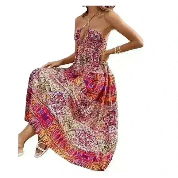 SHEIN VCAY Floral Print Open Back Drawstring Halter Dress Multicolor Size M - Picture 2 of 9